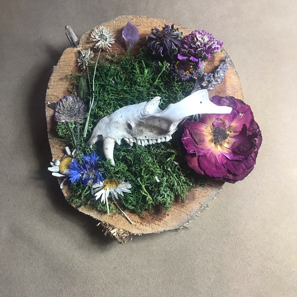 Hand crafted dried flowers and opossum jawbone wall decor